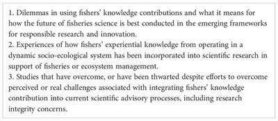 Editorial: Co-creating knowledge with fishers: challenges and lessons for integrating fishers’ knowledge contributions into marine science in well-developed scientific advisory systems